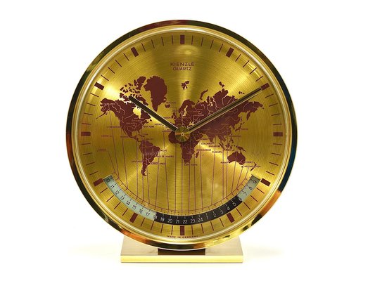 Mid-Century GMT World Time Zone Brass Table Clock, Germany