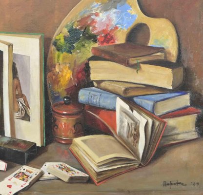 Unknown, Still Life with Palette and Books, Oil on Canvas, 1969