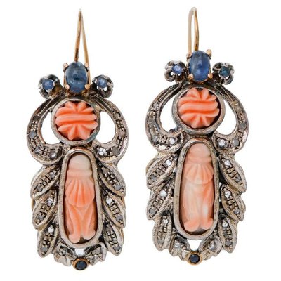 Coral Sapphires Diamonds 14 Karat Rose Gold and Silver Earrings