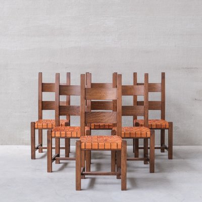 Mid-Century Dutch Leather and Oak Dining Chairs, Set of for sale