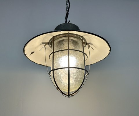 Industrial Cage Pendant Light in Green Enamel and Cast Iron 1960s