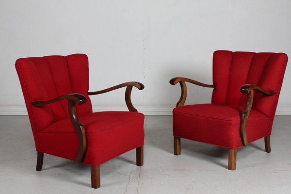 Set of Art Deco Easy Chairs in Dark Stained Beech with Red Wool by