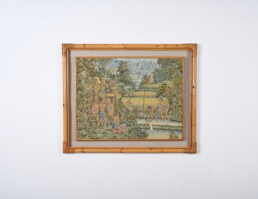 Mid-Century Balinese Painting on Silk with Bamboo and Woven