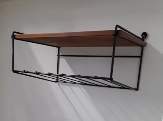 Small Mid-Century Minimalist Teak Wall Shelf with Black Wire Frame