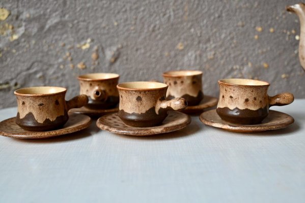 Service à Café En Grès Vintage - Tasses Et Soucoupes Neuves