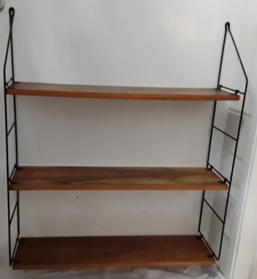 Mid-Ceremy Wall Shelf with Black Metal Wire Frame, 1960s for sale