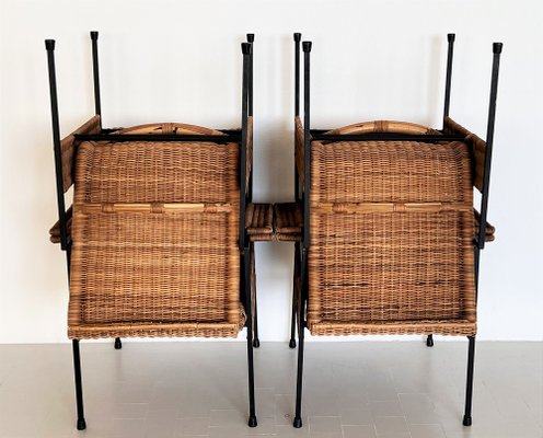 Mid Century Italian Lounge Chairs in Rattan Wicker and Iron 1960s Set of 4