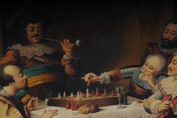 A CHESS GAME - FINE OIL PAINTING - 19th century