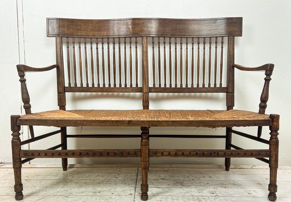 French Elm Rush Seat Bench 1880s