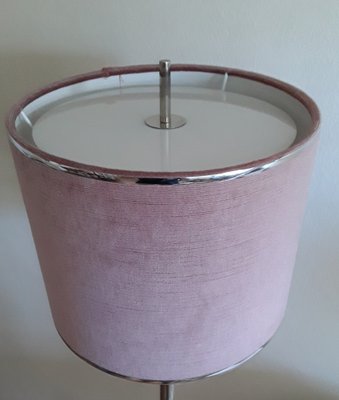 Vintage German Floor Lamp with Base and Grip in Teak Chrome Plated Metal Rod and Pink Colored Screen with Plastic Difusor 1970s for sale at Pamono