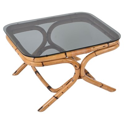Tavolino in Rattan di Bambù Intrecciato a Forma di Z con Piano in Vetro Temperato, Tavolino Boho Moderno da 500 mm con Contenitore e Gambe in Bambù Naturale per Soggiorno, Camera