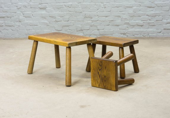Brutalist Rectangle Oak Nesting Tables Stools in the style of