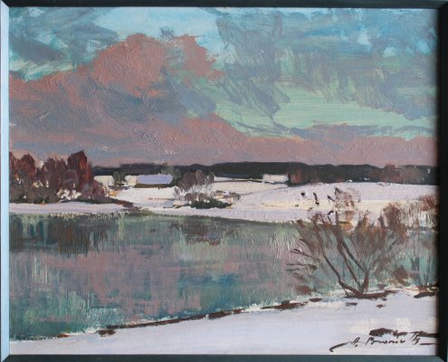 Alfejs Bromults, Winter Landscape, Oil on Cardboard for sale at Pamono