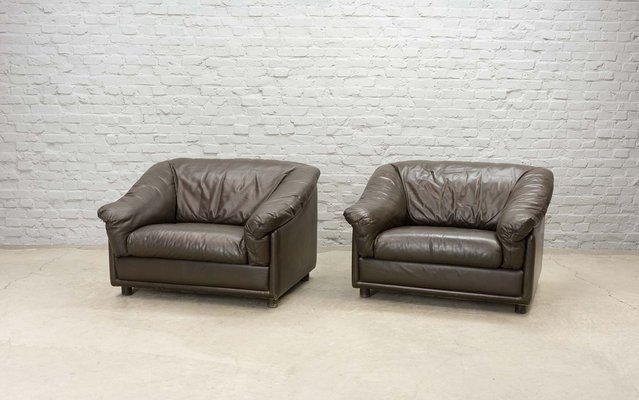 Set of Brown Leather Lounge Chairs from Leolux, Netherlands, 1970s