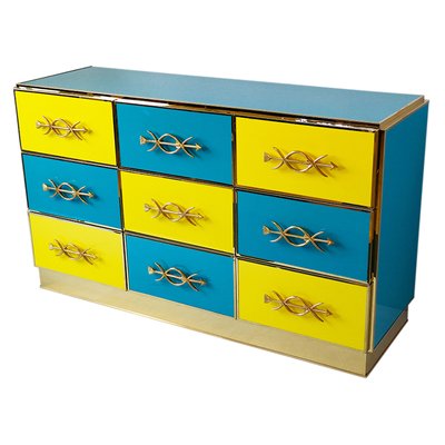 blue and yellow dresser Colored Laminate Dresser with Brass Finishes and 9 Drawers, 1980s for sale  at Pamono