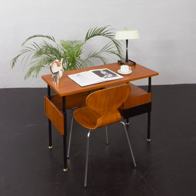 Small Italian Lady Desk in Teak with Black Varnished Details