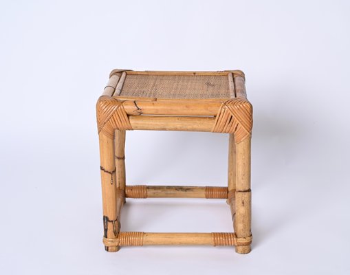 Mesa de centro plegable de bambú, ratán y mimbre con esquinas de acero,  años 70 en venta en Pamono