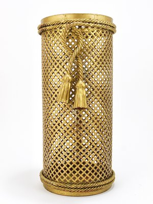 Hollywood Regency Gilt Metal Rope and Tassel Umbrella Stand, 1950
