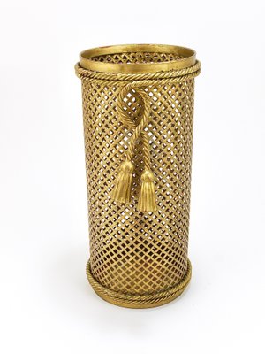 Hollywood Regency Gilt Metal Rope and Tassel Umbrella Stand, 1950