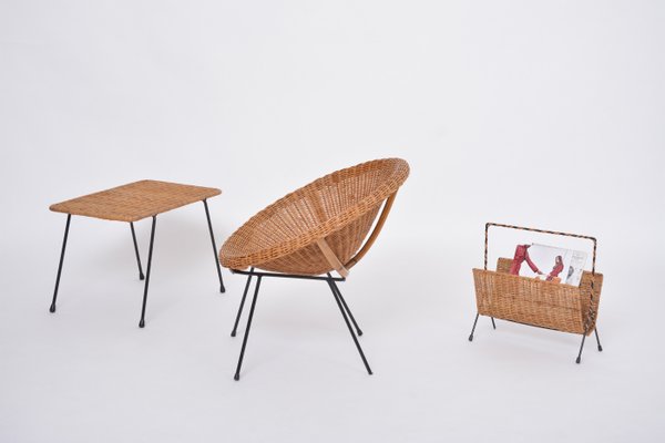 Mid Century Italian Rattan Bowl Chair with Side Table and Magazine Rack 1950s Set of 3