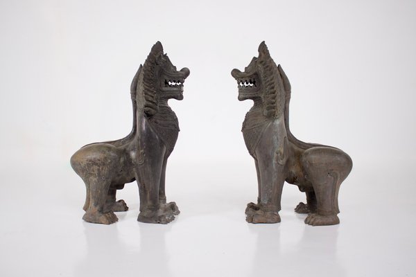 Early 20th Century Singha Temple Guardian Lions in Bronze, 1920s