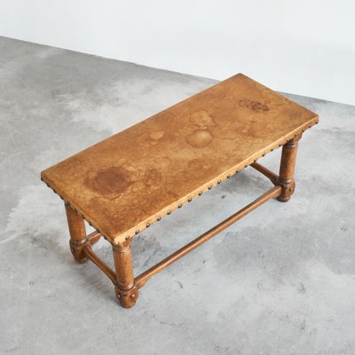Brutalist Spanish Coffee Table in Oak Metal and Patinated Leather