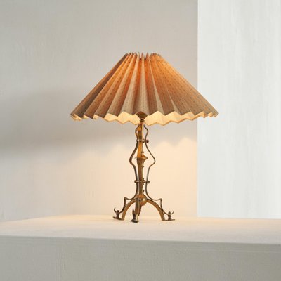 Art Nouveau Table Lamp in Patinated Brass with Plissé Shade, 1930s