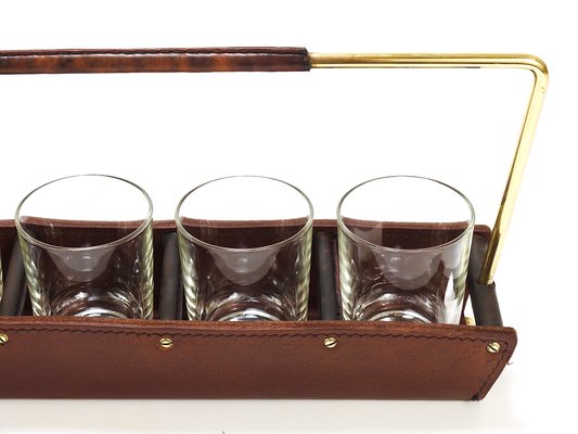 Drinking Glass Carrying Rack in Leather & Brass attributed to Carl Aubck,  Austria, 1950s