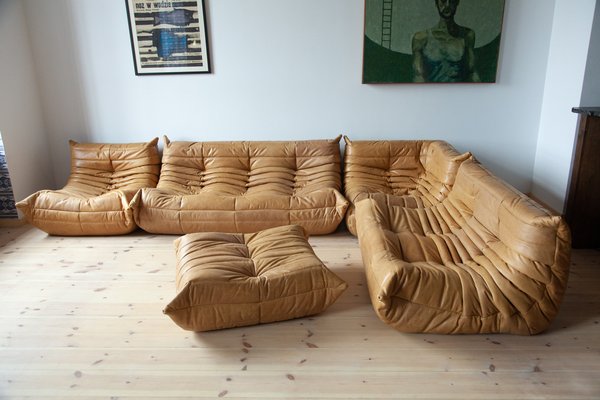 Camel Brown Leather Togo Living Room by Michel Ducaroy for Ligne Roset, Set  of 5