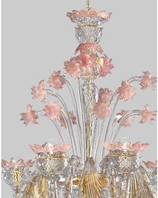 Venetian Gold and Pink Floral Murano Glass Chandelier by