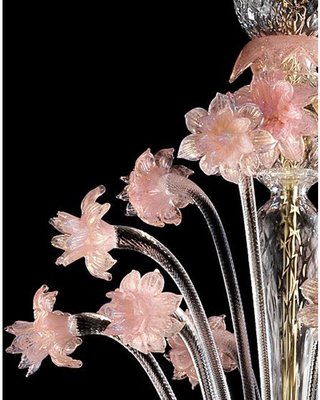 Venetian Gold and Pink Floral Murano Glass Chandelier by
