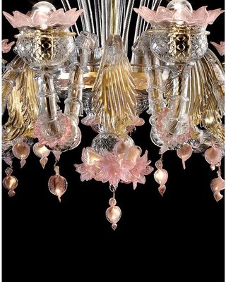 Venetian Gold and Pink Floral Murano Glass Chandelier by