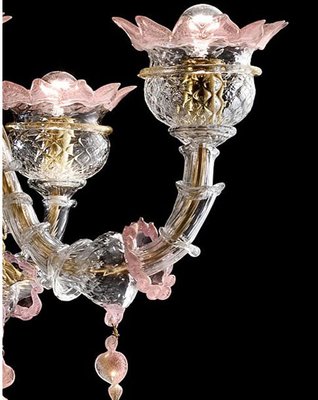 Venetian Gold and Pink Floral Murano Glass Chandelier by