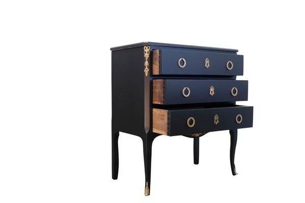 Louis Xv Style Chest in Black with Fine Brass Fittings and a Marble Top