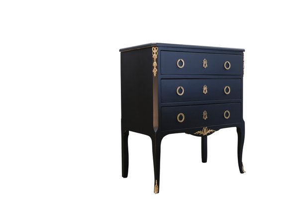 Louis Xv Style Chest in Black with Fine Brass Fittings and a Marble Top for  sale at Pamono