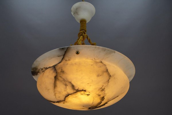 French Art Deco White and Black Veined Alabaster Pendant Light