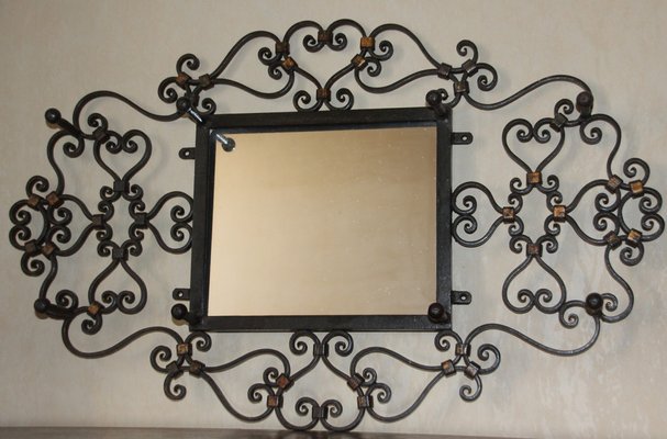 Specchio da ingresso in ferro forgiato nero, anni '50 in vendita su Pamono