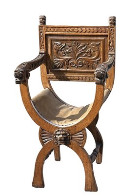 Carved Oak Chair with Carved Lion Heads Decoration for sale at Pamono