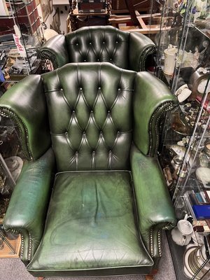 Green Leather Armchairs with Buttoned Back Set of 2 for sale at