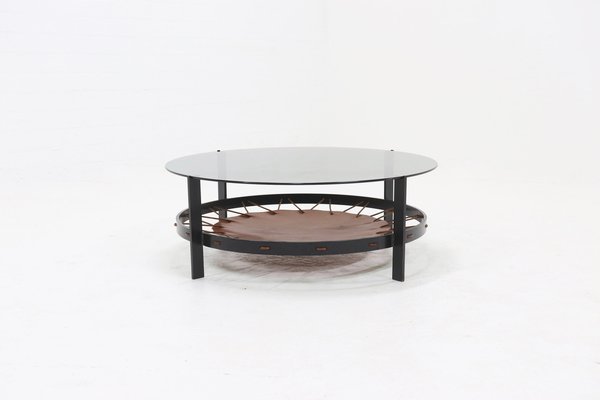 Dutch Steel and Glass Coffee Table with Leather Magazine Rack