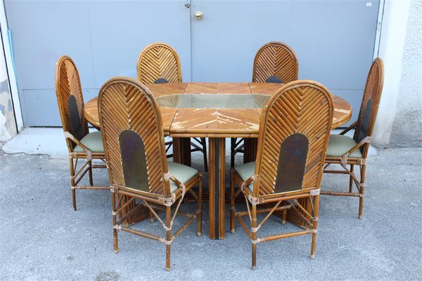 Round Bamboo, Rattan & Brass Serving Tray, Italy, 1970s for sale at Pamono