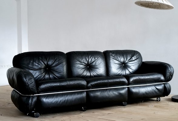 Sofa in Black Leather by Kurt Hvitsjö for Isku, Finland, 1970s for