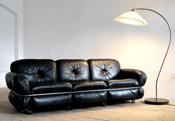 Sofa in Black Leather by Kurt Hvitsjö for Isku, Finland, 1970s for