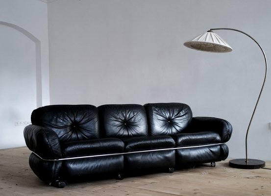 Sofa in Black Leather by Kurt Hvitsjö for Isku, Finland, 1970s for sale at Pamono
