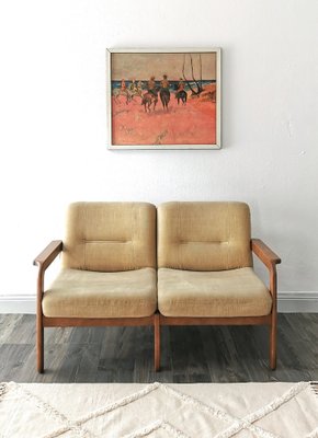 Mid Century Two Seater Sofa in Teak and Beige 1960 for sale at Pamono