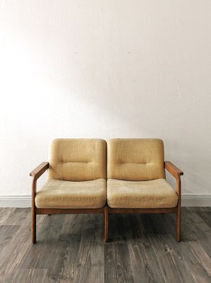 Mid Century Two Seater Sofa in Teak and Beige 1960 for sale at Pamono