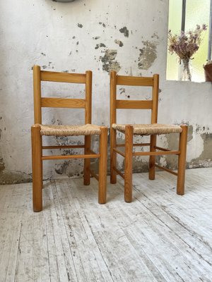 Straw and Pine Chair, Mountain Furniture by Charlotte Perriand, 1950s, Set  of 2