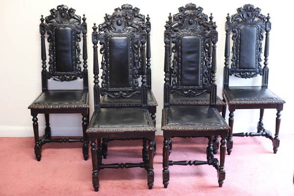 Vintage Victorian Hand Carved Lion Dining Chairs Set of 6 for