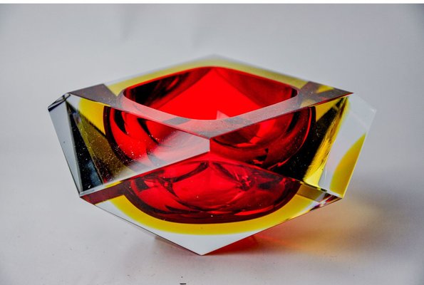 Red and Yellow Faceted Glass Sommerso Ashtray attributed to
