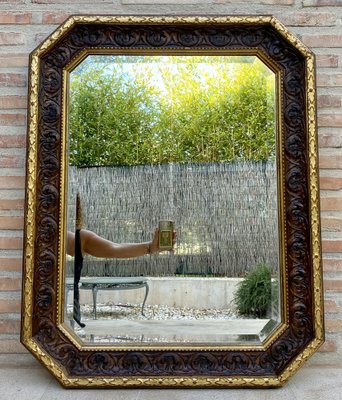 Specchio da parete ottagonale con cornice in legno dorato intagliato, anni  '40 in vendita su Pamono